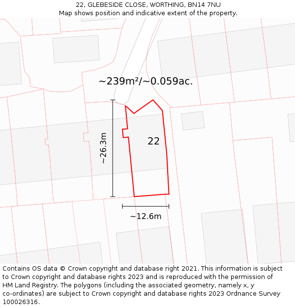 22, GLEBESIDE CLOSE, WORTHING, BN14 7NU: Plot and title map
