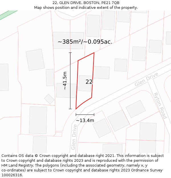 22, GLEN DRIVE, BOSTON, PE21 7QB: Plot and title map