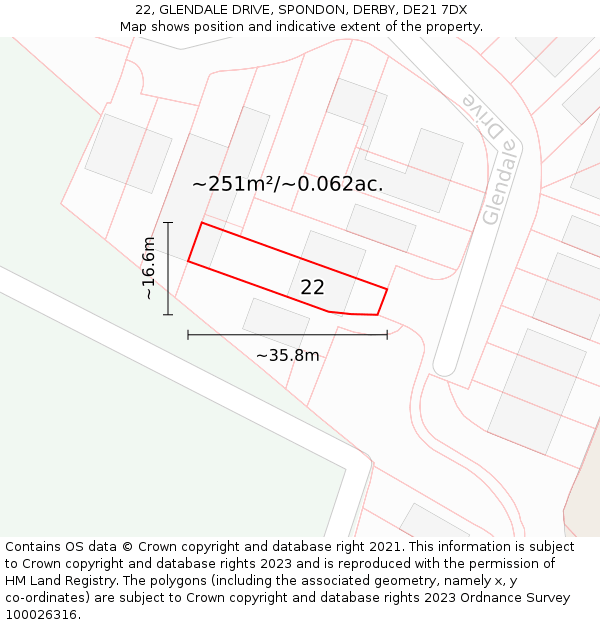 22, GLENDALE DRIVE, SPONDON, DERBY, DE21 7DX: Plot and title map