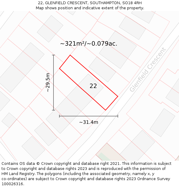 22, GLENFIELD CRESCENT, SOUTHAMPTON, SO18 4RH: Plot and title map