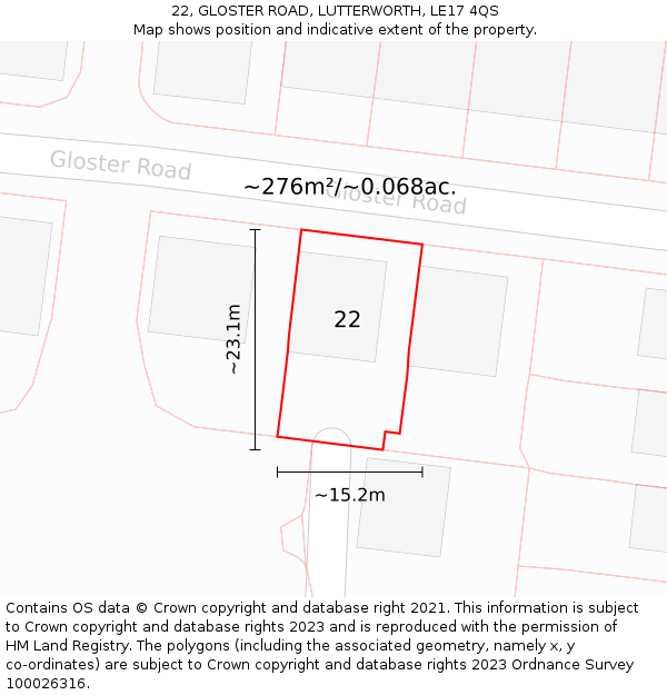 22, GLOSTER ROAD, LUTTERWORTH, LE17 4QS: Plot and title map