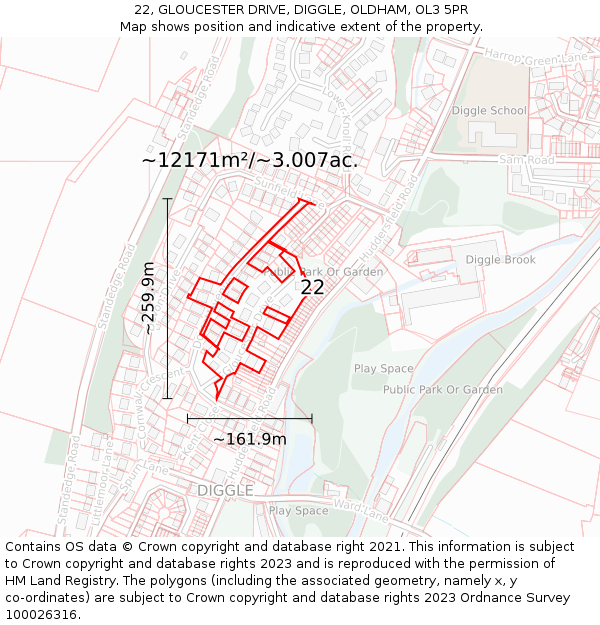 22, GLOUCESTER DRIVE, DIGGLE, OLDHAM, OL3 5PR: Plot and title map