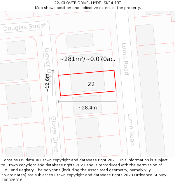 22, GLOVER DRIVE, HYDE, SK14 1RT: Plot and title map