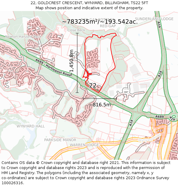 22, GOLDCREST CRESCENT, WYNYARD, BILLINGHAM, TS22 5FT: Plot and title map