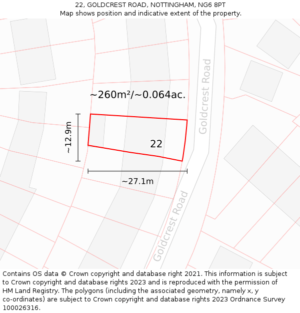 22, GOLDCREST ROAD, NOTTINGHAM, NG6 8PT: Plot and title map