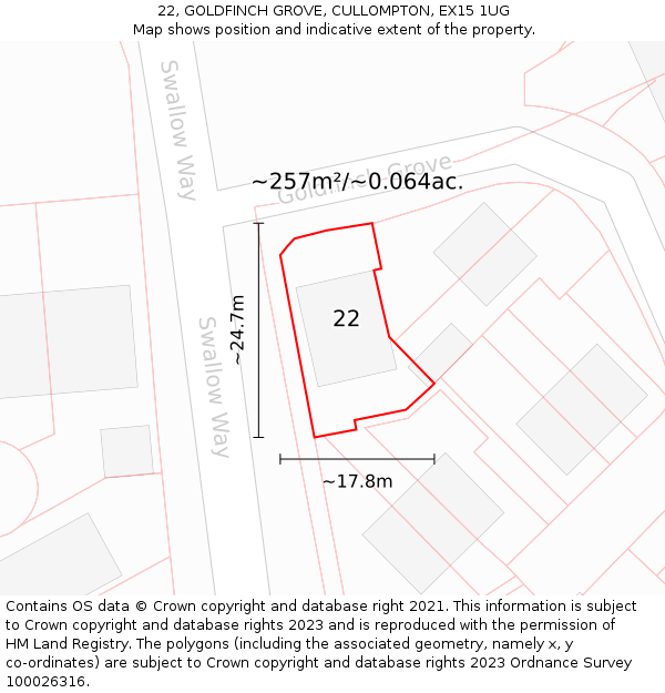 22, GOLDFINCH GROVE, CULLOMPTON, EX15 1UG: Plot and title map