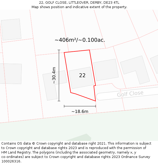 22, GOLF CLOSE, LITTLEOVER, DERBY, DE23 4TL: Plot and title map