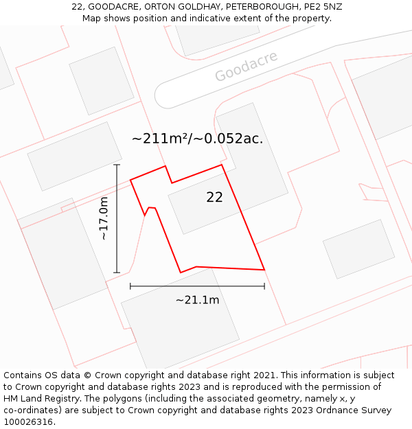 22, GOODACRE, ORTON GOLDHAY, PETERBOROUGH, PE2 5NZ: Plot and title map