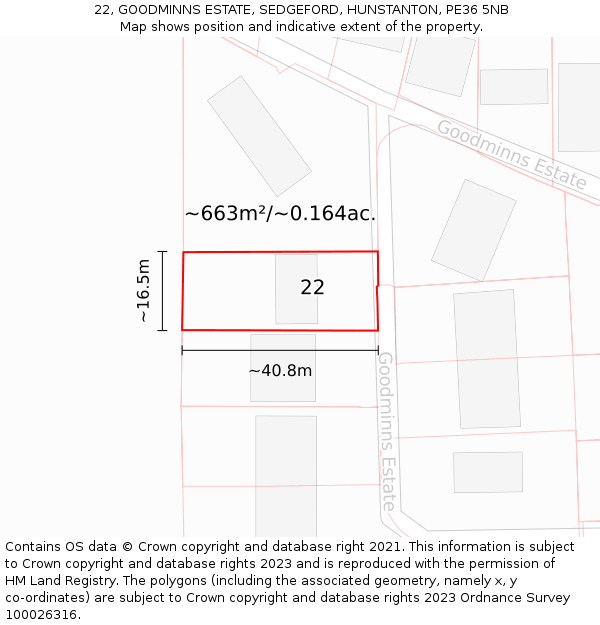 22, GOODMINNS ESTATE, SEDGEFORD, HUNSTANTON, PE36 5NB: Plot and title map