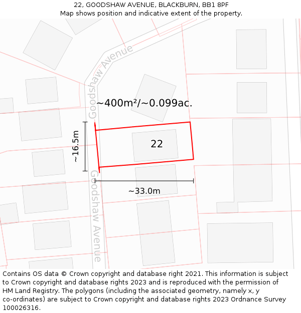 22, GOODSHAW AVENUE, BLACKBURN, BB1 8PF: Plot and title map