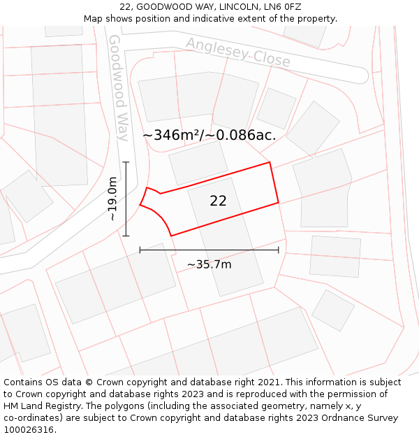 22, GOODWOOD WAY, LINCOLN, LN6 0FZ: Plot and title map