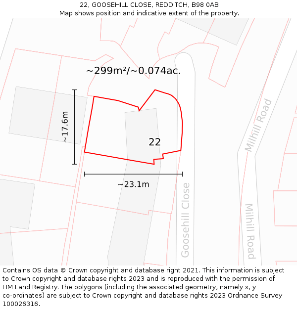 22, GOOSEHILL CLOSE, REDDITCH, B98 0AB: Plot and title map