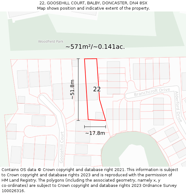 22, GOOSEHILL COURT, BALBY, DONCASTER, DN4 8SX: Plot and title map