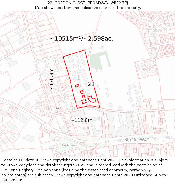 22, GORDON CLOSE, BROADWAY, WR12 7BJ: Plot and title map