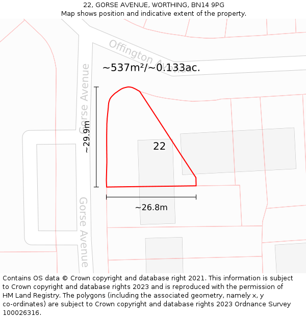 22, GORSE AVENUE, WORTHING, BN14 9PG: Plot and title map