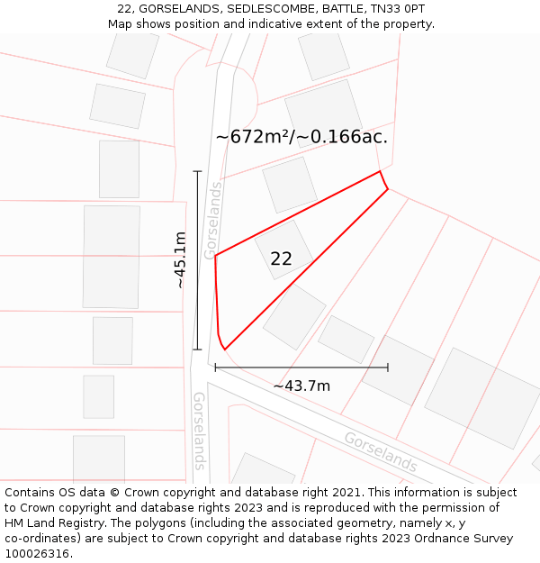 22, GORSELANDS, SEDLESCOMBE, BATTLE, TN33 0PT: Plot and title map