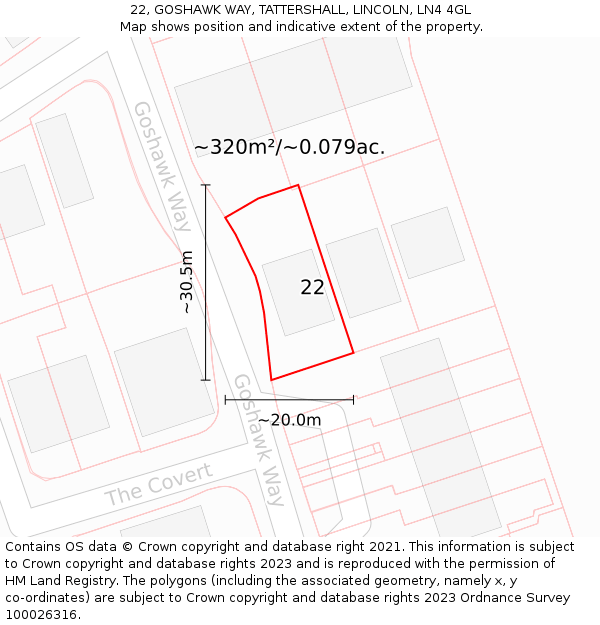 22, GOSHAWK WAY, TATTERSHALL, LINCOLN, LN4 4GL: Plot and title map