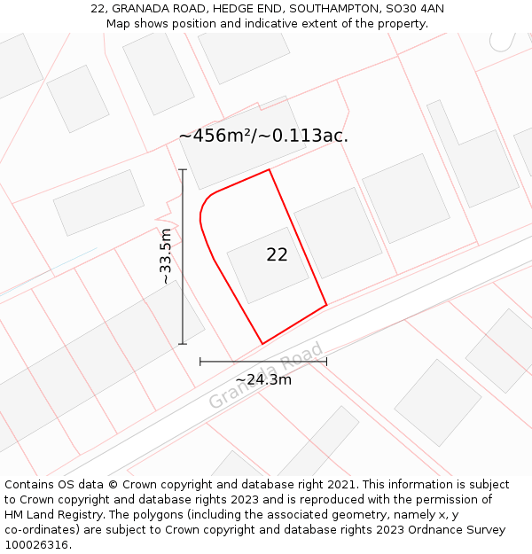 22, GRANADA ROAD, HEDGE END, SOUTHAMPTON, SO30 4AN: Plot and title map