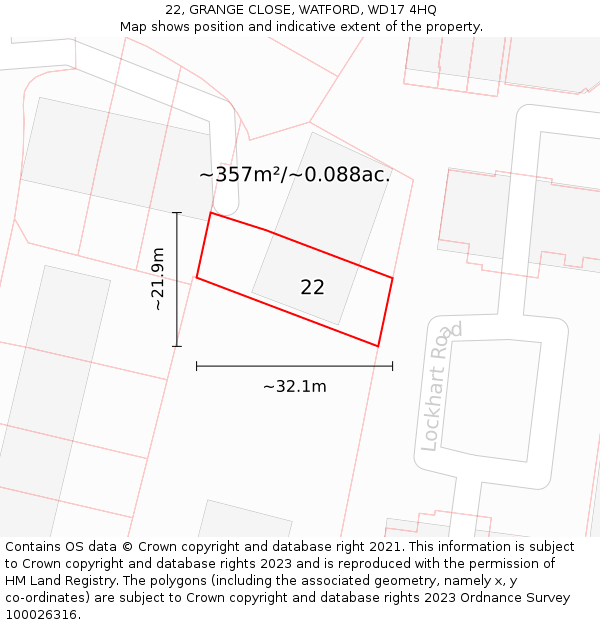 22, GRANGE CLOSE, WATFORD, WD17 4HQ: Plot and title map
