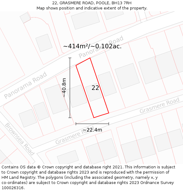 22, GRASMERE ROAD, POOLE, BH13 7RH: Plot and title map
