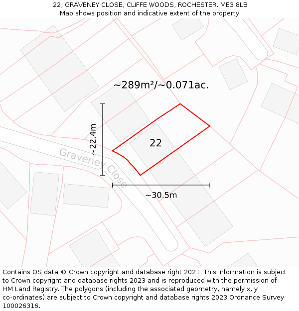 22, GRAVENEY CLOSE, CLIFFE WOODS, ROCHESTER, ME3 8LB: Plot and title map