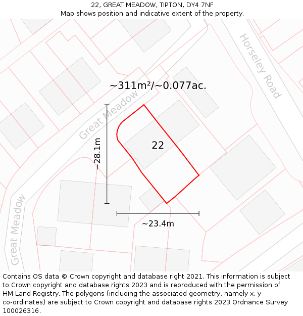 22, GREAT MEADOW, TIPTON, DY4 7NF: Plot and title map