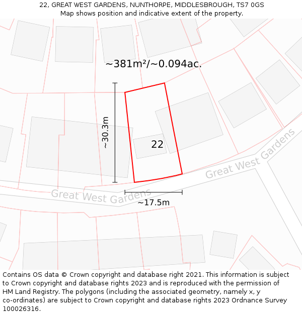 22, GREAT WEST GARDENS, NUNTHORPE, MIDDLESBROUGH, TS7 0GS: Plot and title map