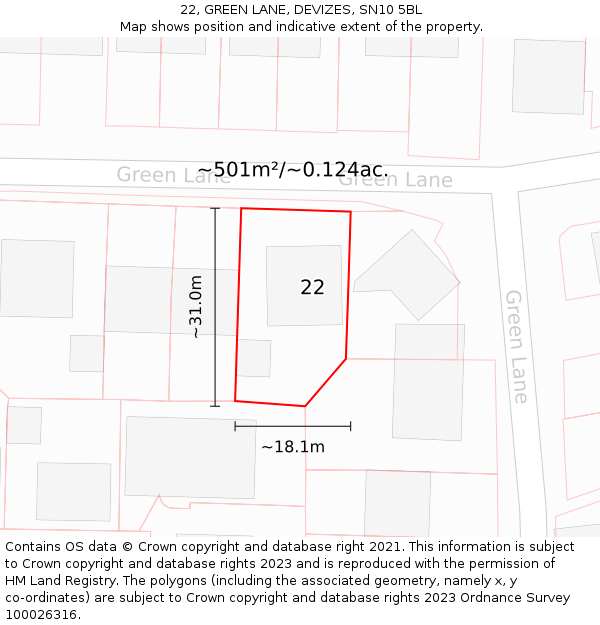 22, GREEN LANE, DEVIZES, SN10 5BL: Plot and title map