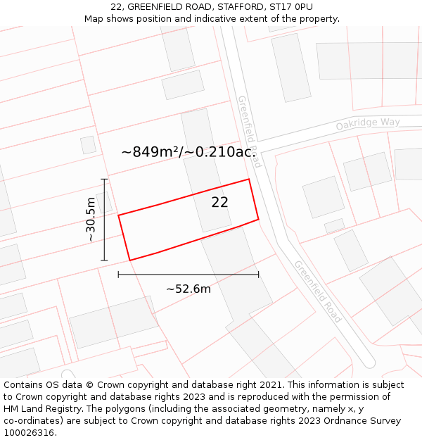 22, GREENFIELD ROAD, STAFFORD, ST17 0PU: Plot and title map