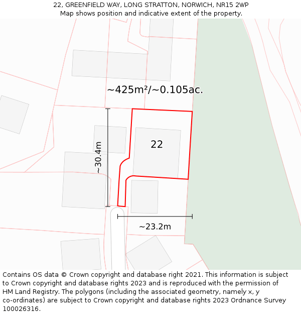 22, GREENFIELD WAY, LONG STRATTON, NORWICH, NR15 2WP: Plot and title map
