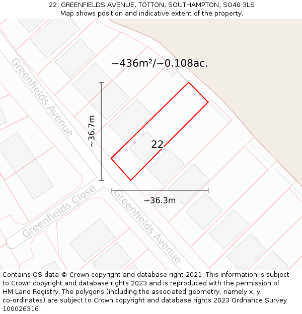 22, GREENFIELDS AVENUE, TOTTON, SOUTHAMPTON, SO40 3LS: Plot and title map