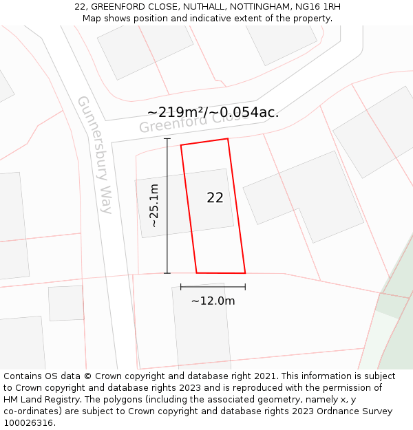 22, GREENFORD CLOSE, NUTHALL, NOTTINGHAM, NG16 1RH: Plot and title map