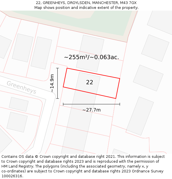 22, GREENHEYS, DROYLSDEN, MANCHESTER, M43 7GX: Plot and title map