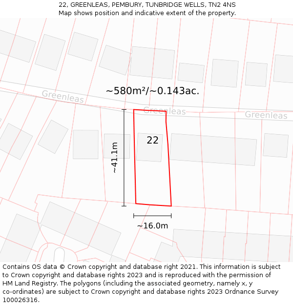 22, GREENLEAS, PEMBURY, TUNBRIDGE WELLS, TN2 4NS: Plot and title map