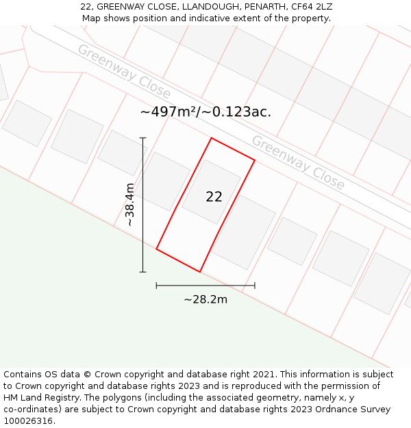 22, GREENWAY CLOSE, LLANDOUGH, PENARTH, CF64 2LZ: Plot and title map