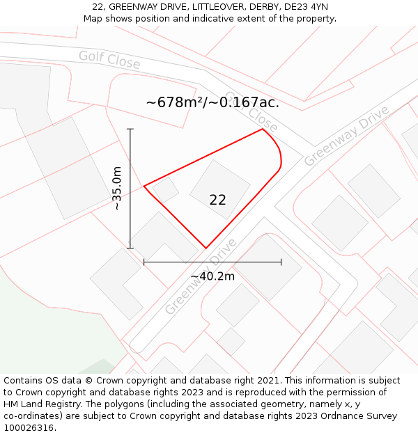 22, GREENWAY DRIVE, LITTLEOVER, DERBY, DE23 4YN: Plot and title map