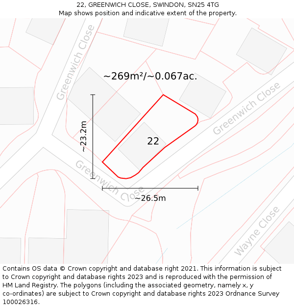 22, GREENWICH CLOSE, SWINDON, SN25 4TG: Plot and title map