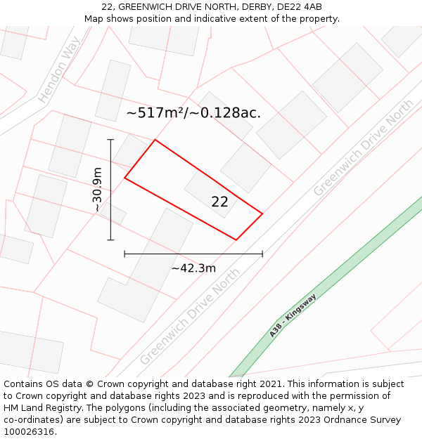 22, GREENWICH DRIVE NORTH, DERBY, DE22 4AB: Plot and title map