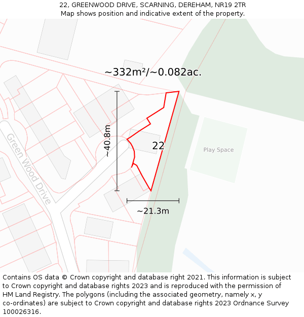 22, GREENWOOD DRIVE, SCARNING, DEREHAM, NR19 2TR: Plot and title map