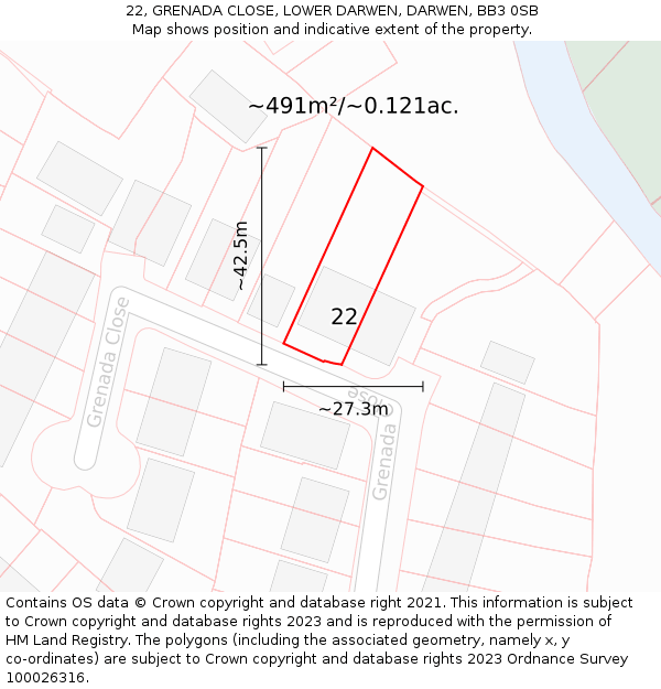 22, GRENADA CLOSE, LOWER DARWEN, DARWEN, BB3 0SB: Plot and title map