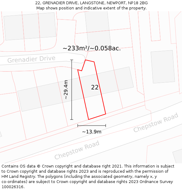 22, GRENADIER DRIVE, LANGSTONE, NEWPORT, NP18 2BG: Plot and title map
