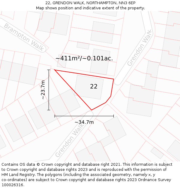 22, GRENDON WALK, NORTHAMPTON, NN3 6EP: Plot and title map
