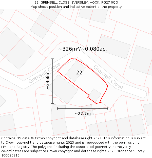 22, GRENSELL CLOSE, EVERSLEY, HOOK, RG27 0QQ: Plot and title map