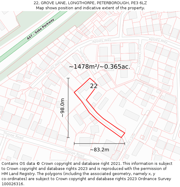 22, GROVE LANE, LONGTHORPE, PETERBOROUGH, PE3 6LZ: Plot and title map