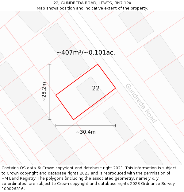 22, GUNDREDA ROAD, LEWES, BN7 1PX: Plot and title map
