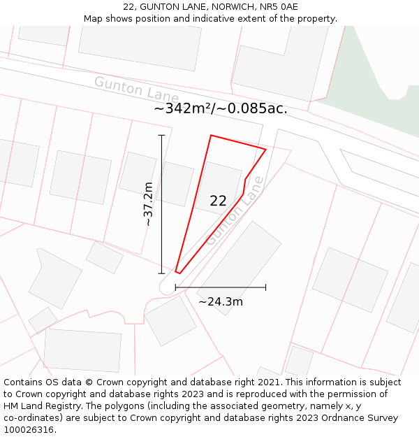 22, GUNTON LANE, NORWICH, NR5 0AE: Plot and title map