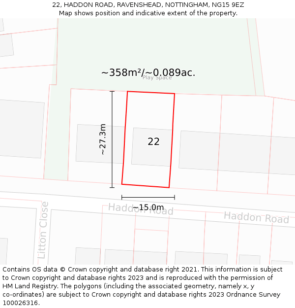 22, HADDON ROAD, RAVENSHEAD, NOTTINGHAM, NG15 9EZ: Plot and title map