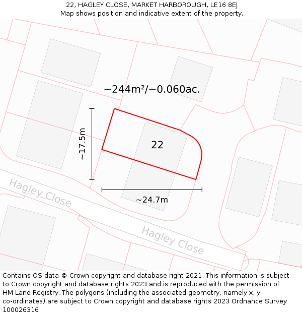22, HAGLEY CLOSE, MARKET HARBOROUGH, LE16 8EJ: Plot and title map