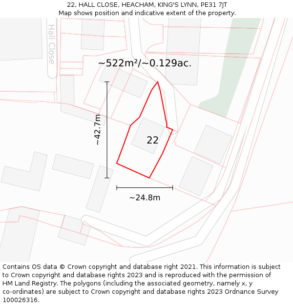 22, HALL CLOSE, HEACHAM, KING'S LYNN, PE31 7JT: Plot and title map
