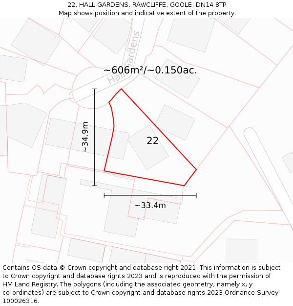 22, HALL GARDENS, RAWCLIFFE, GOOLE, DN14 8TP: Plot and title map